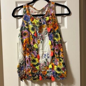 Anthropologie Multicolor Floral Tank Top with Tassels